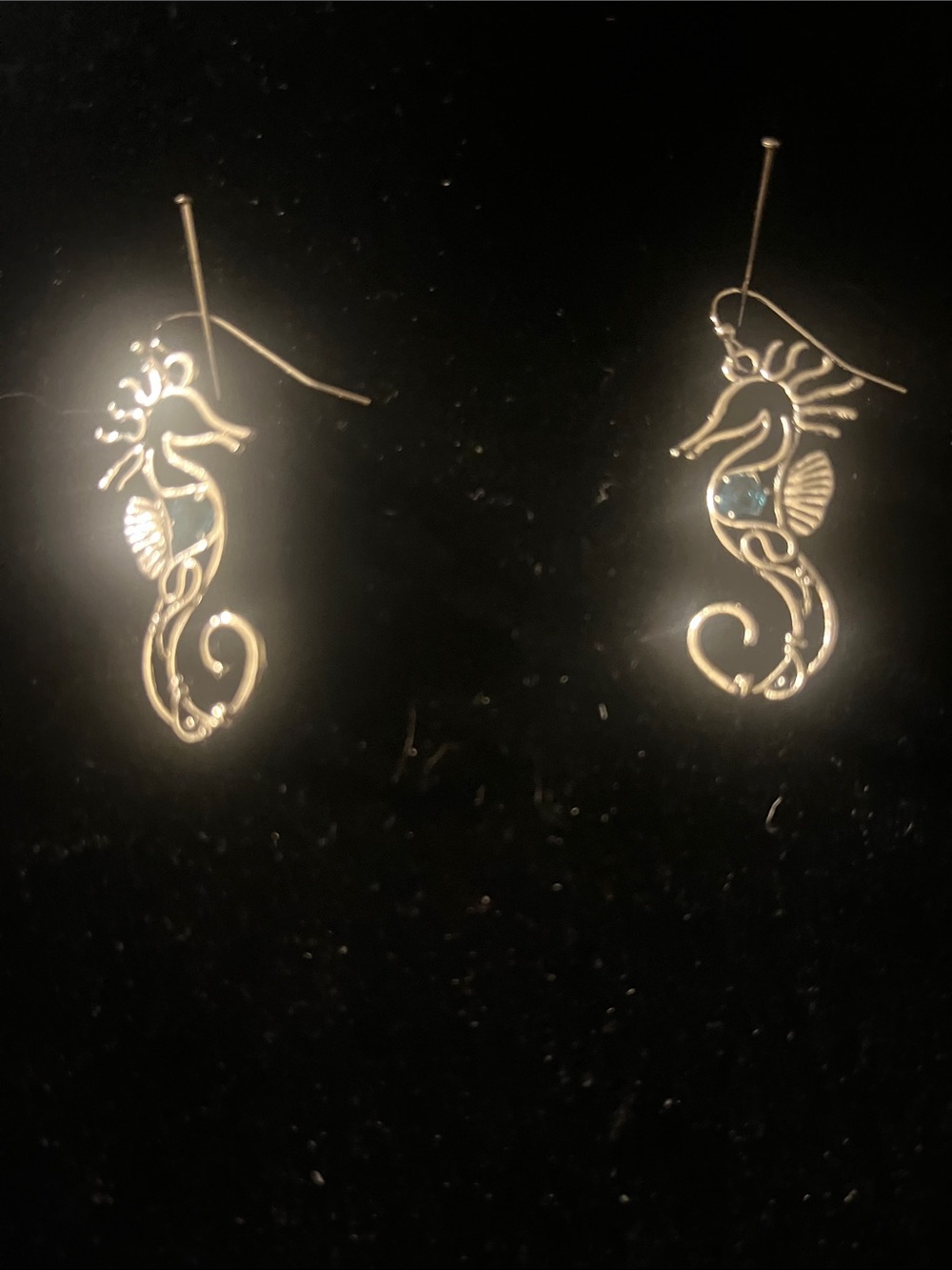 Gold Seahorse Drop Earrings with Blue Accent - Women Jewelry